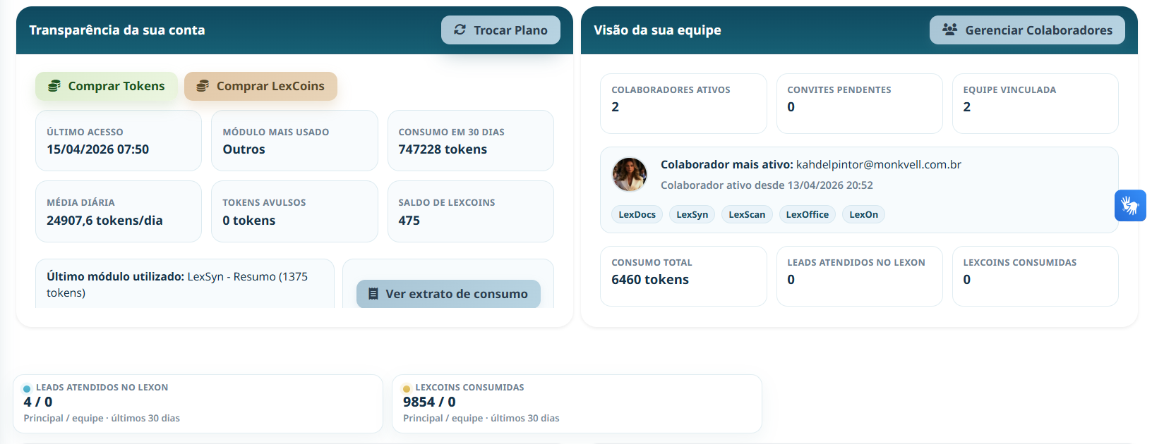 Transparência da conta e gerenciamento de equipe no dashboard da LexIA™